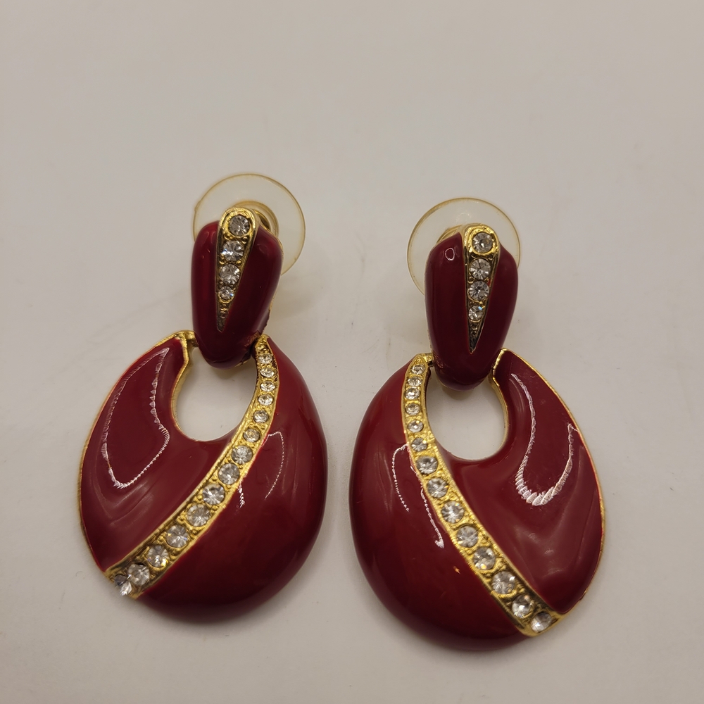 Red Enamel Gold-Tone Vintage Earrings